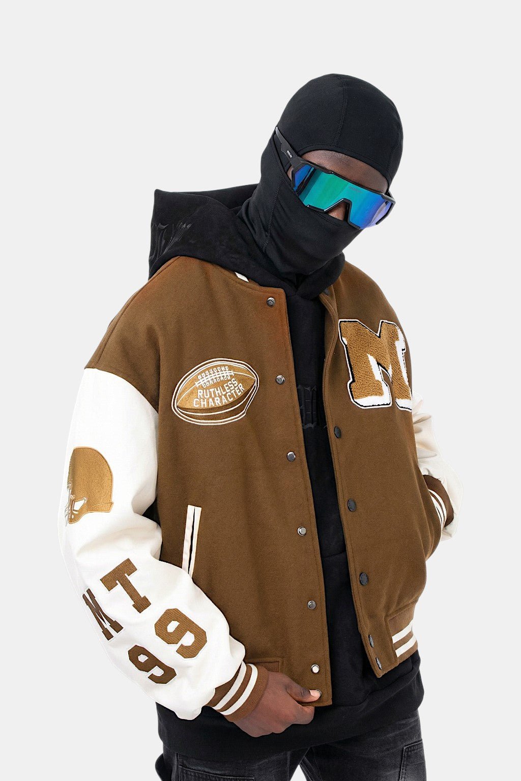 Brown varsity jacket