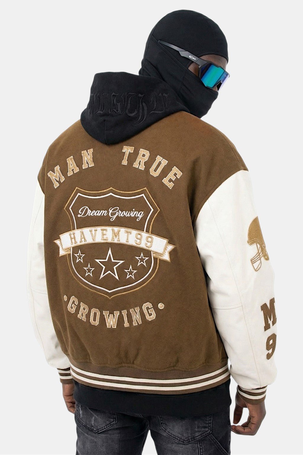 Brown varsity jacket