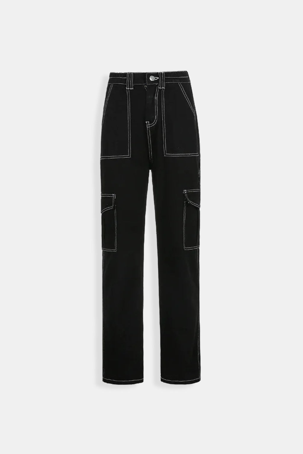 Black cargo pants with white stitching