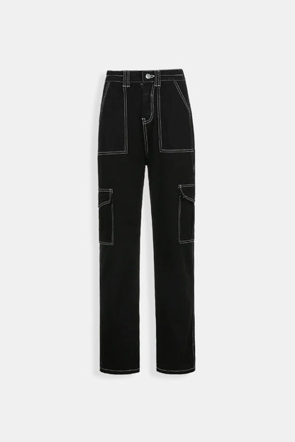 Black cargo pants with white stitching