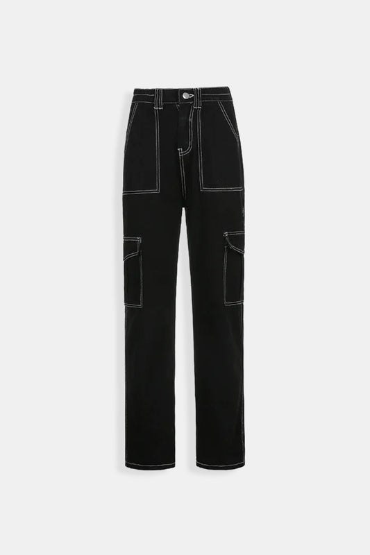 Black cargo pants with white stitching