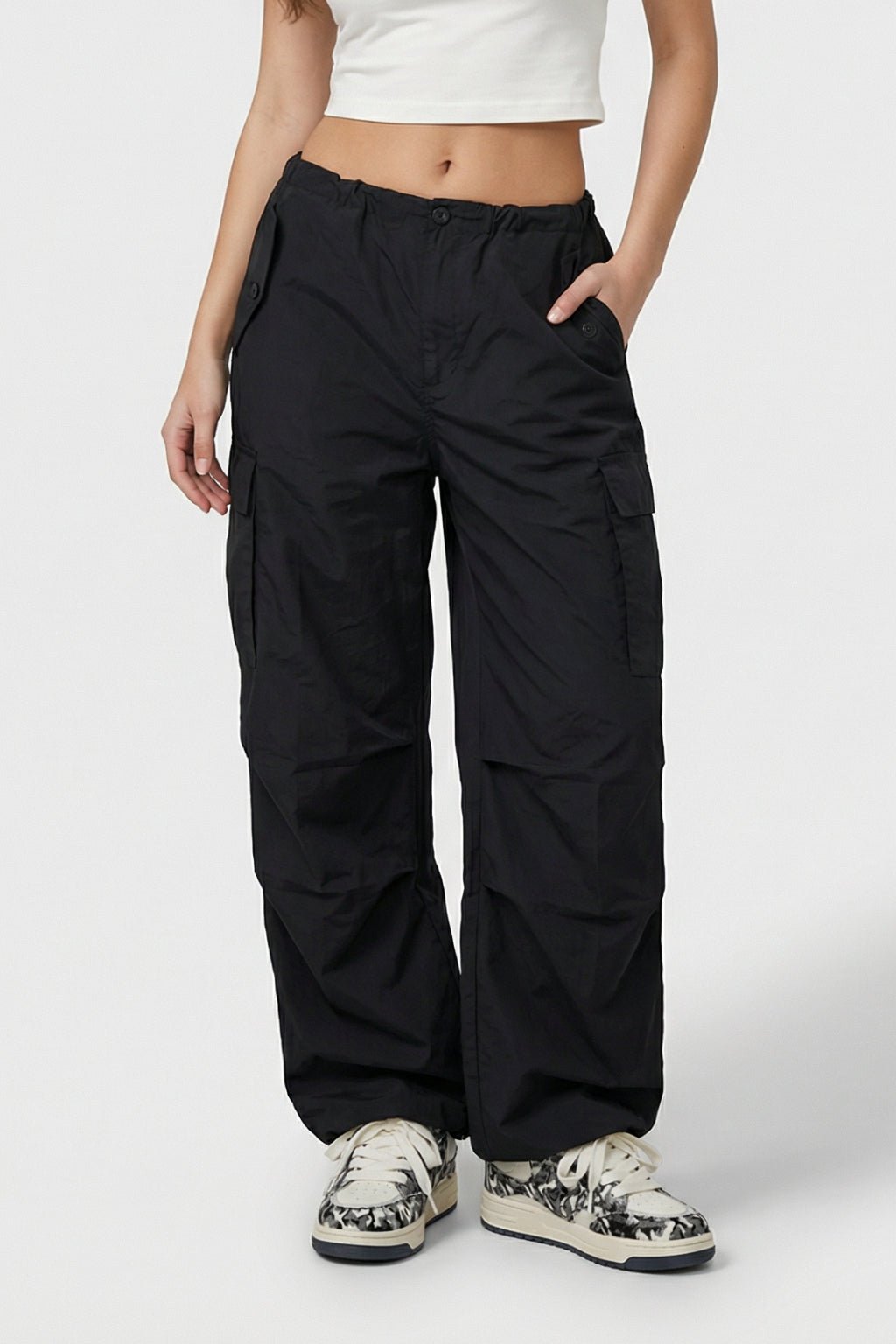 Black parachute cargo pants