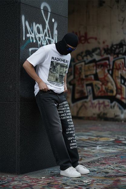 Jeans with front writing