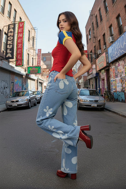 Floral printed jeans
