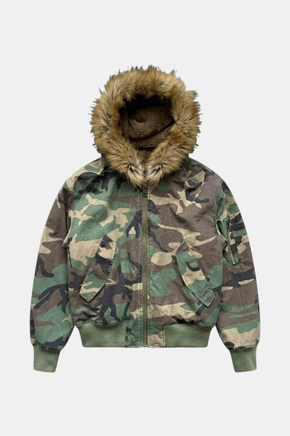 Camouflage jacket with fur hood