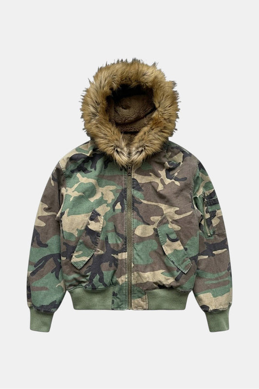 Camouflage jacket with fur hood