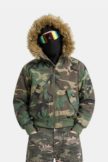 Camouflage jacket with fur hood